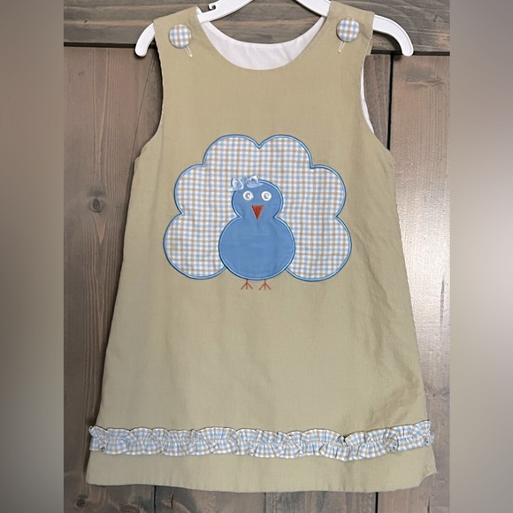 Shrimp & Grits Size 3T Thanksgiving Jumper Dress Appliquéd Turkey Tan Corduroy - Picture 1 of 3